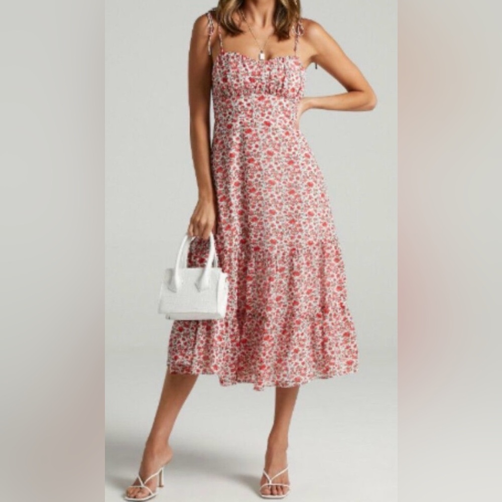 Showpo Monoco Midi Dress, Sweatheart, Tiered Skirt, Adjustable Tie Strap - US 8